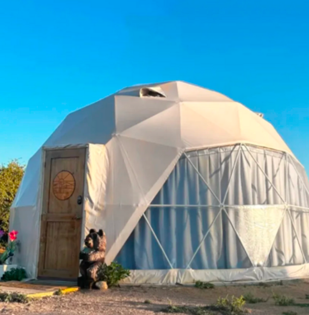 Geodesic dome structure with a wooden door and bear statue in a desert setting