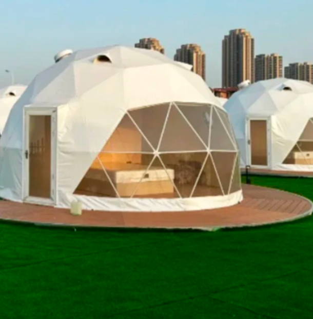 Geodesic dome structure with transparent walls on a grassy area with buildings in the background
